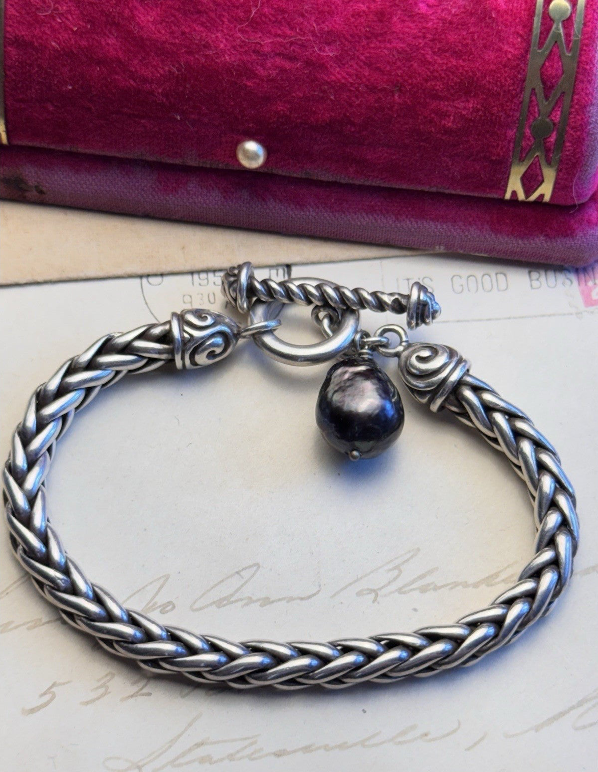 ZINA Sterling Bracelet Braided Chain 925 Toggle Black Baroque Pearl 6.75”