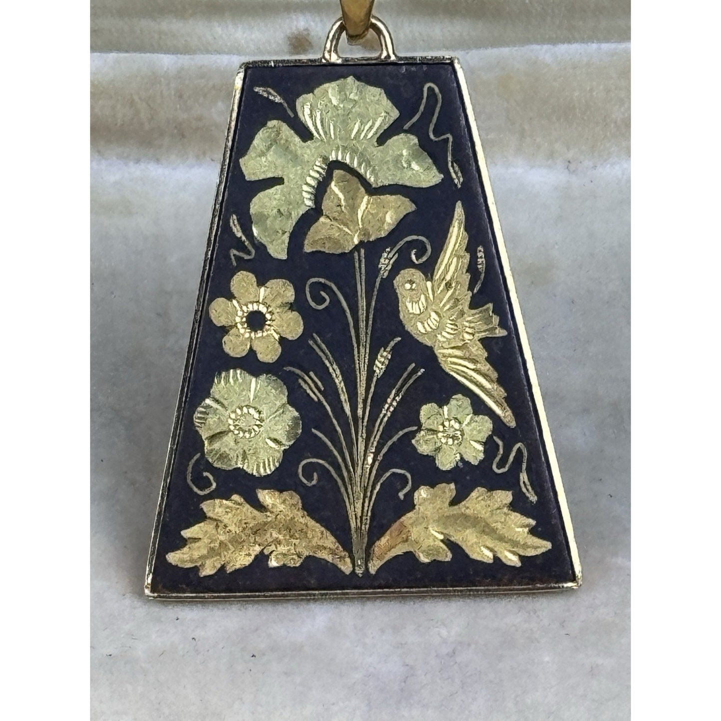 Vintage Damascene Bird Flower Pendant Necklace Gold Filled Chain 18”
