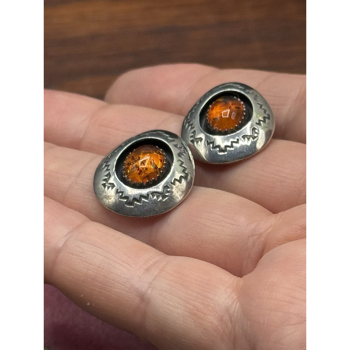 Vintage Navajo AG Sterling Silver Amber Post Earrings Southwestern 1” x .75”