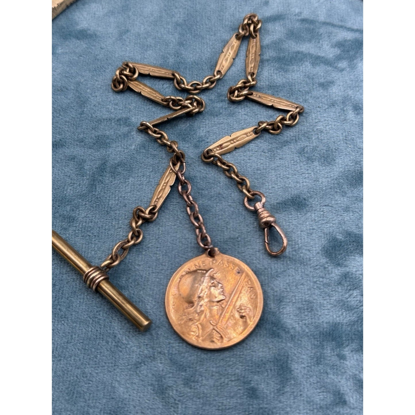 Antique Pocket Watch Chain Verdun Medal WWI 1916 France Exonumia T Bar 14.5”
