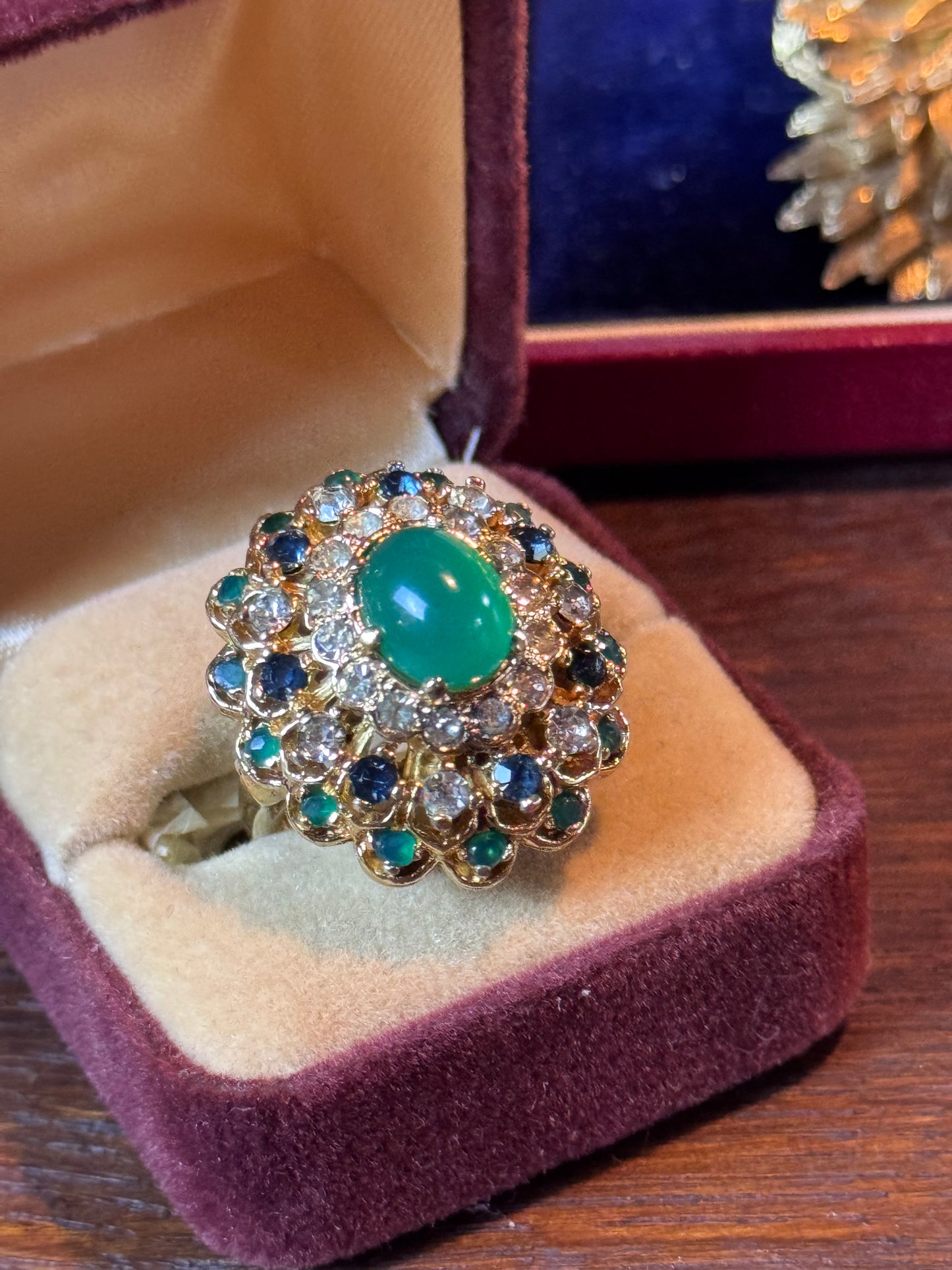Vintage Sterling Gold Plated Princess Ring Green Jade Tone Cabochon Rhinestones Sz 6.75
