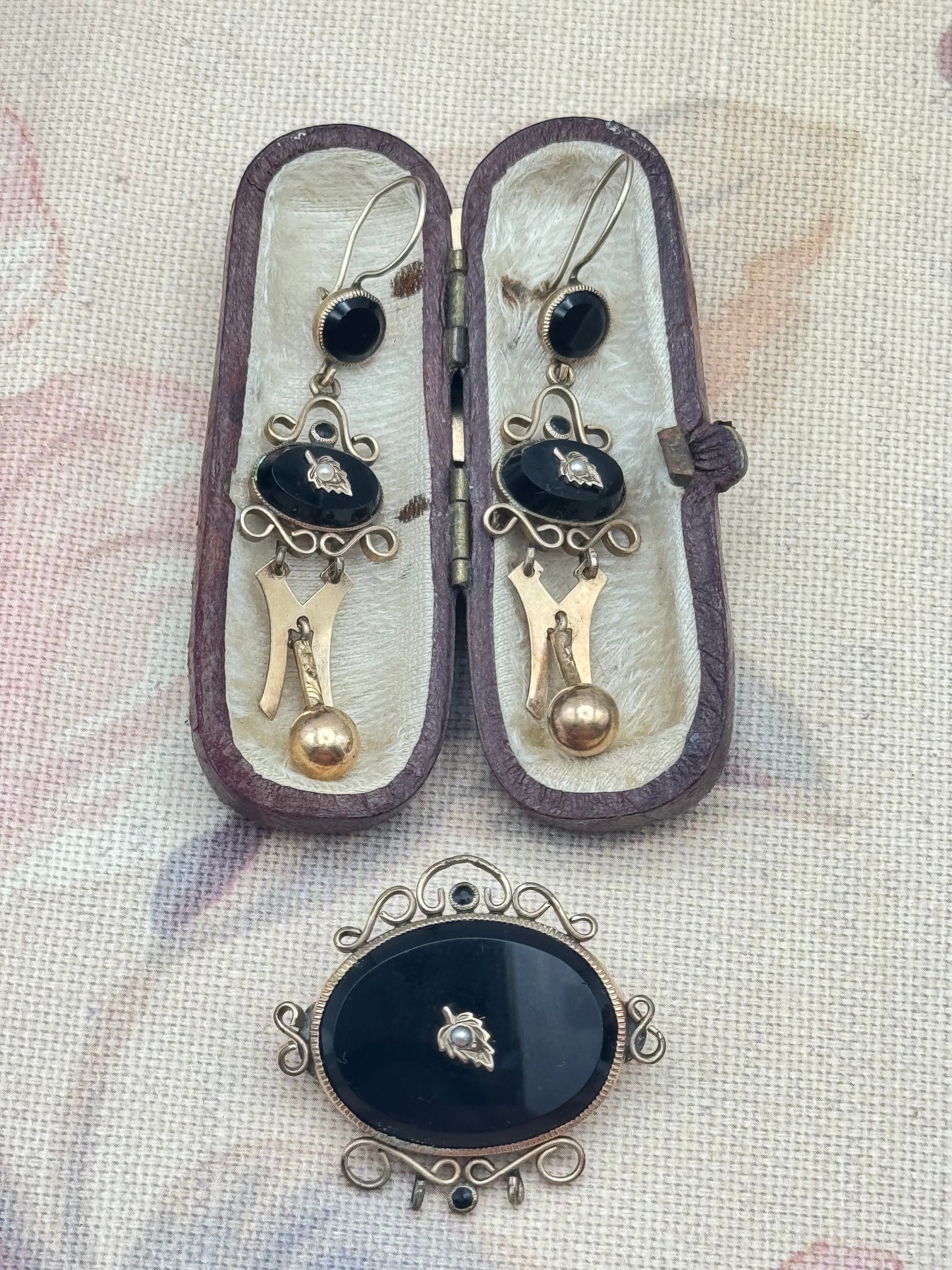 Victorian Gold-Filled Onyx & Seed Pearl Brooch & Earrings Set - Mourning