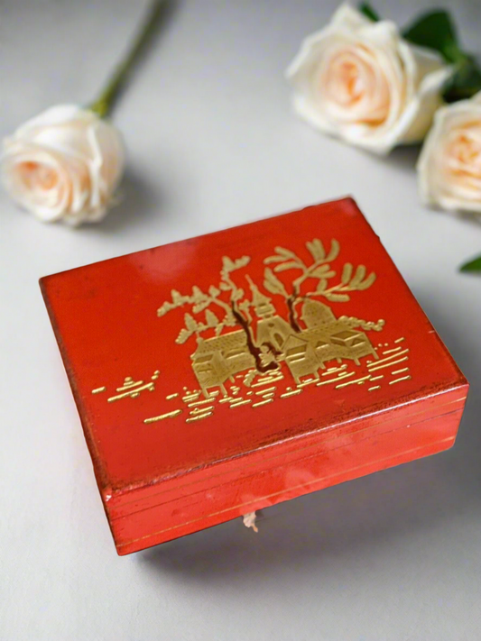 PAGODA Jewelry Box Red Lacquered Village Scene With Gold VINTAGE