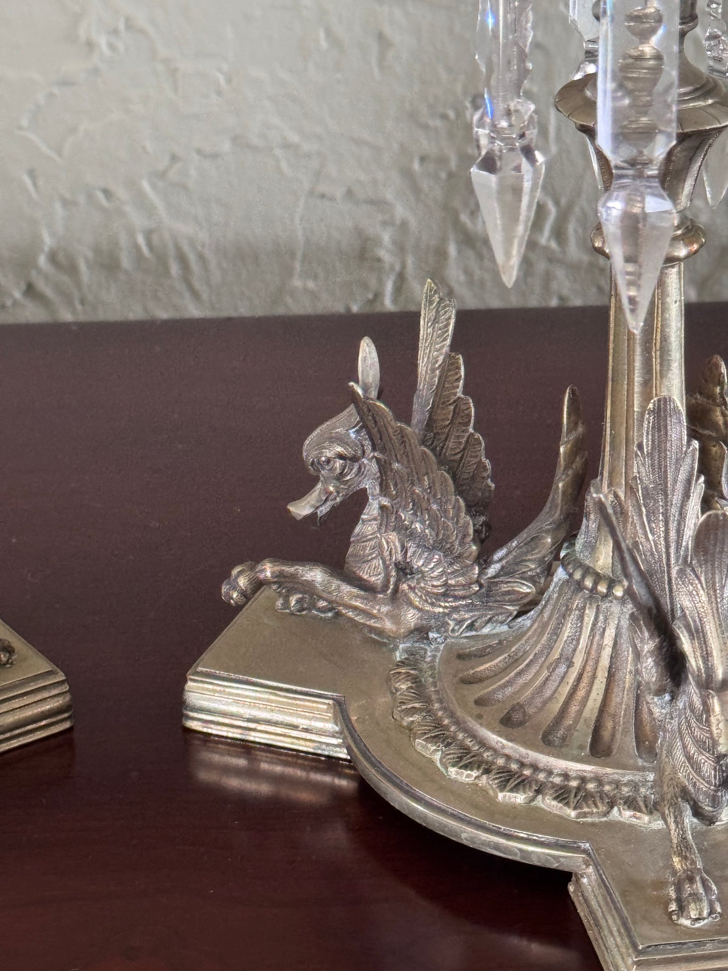 Antique Griffin Glass Epergne Vases Candlesticks Crystal Prisms Pair 18” RARE PAIR!!!