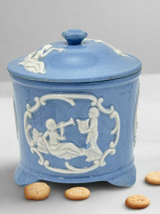 Vintage Blue & White Cookie Jar Jasperware Style JAPAN Stained‼️