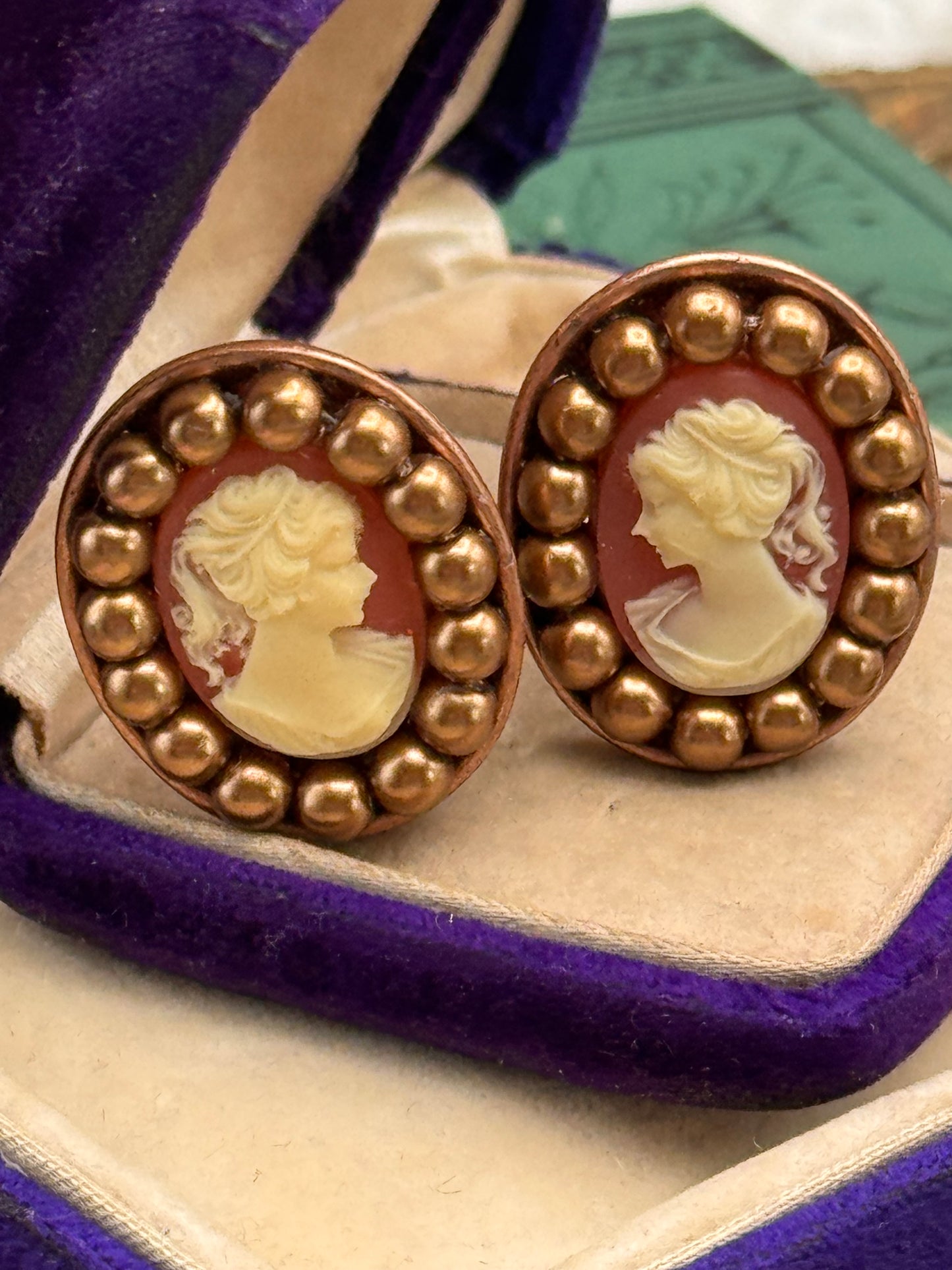 Vintage Copper Tone Faux Cameo Clip-On Earrings Estate Find