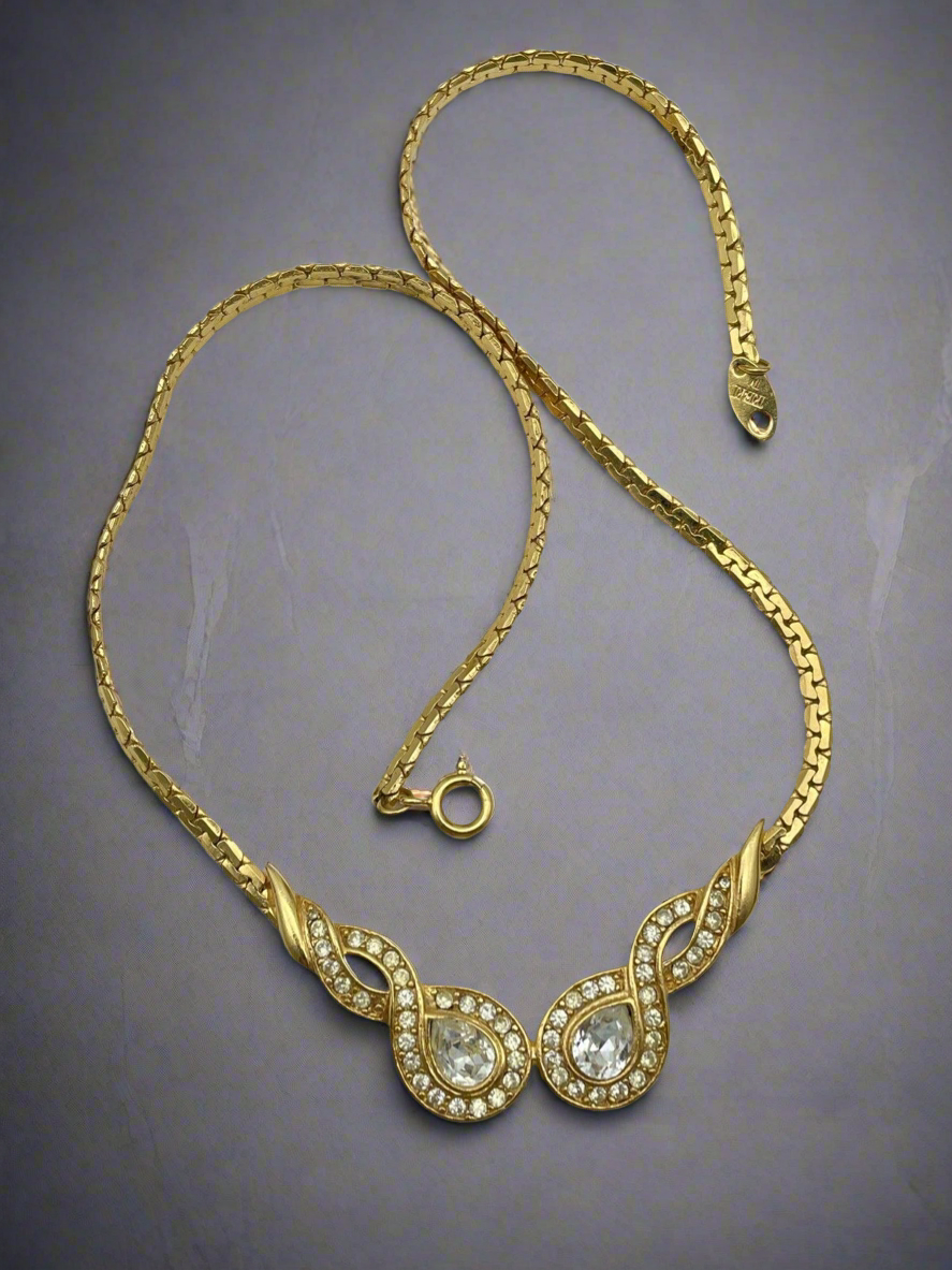 Vintage Trifari Necklace Gold Toned Clear Crystals Signed 80s Couture