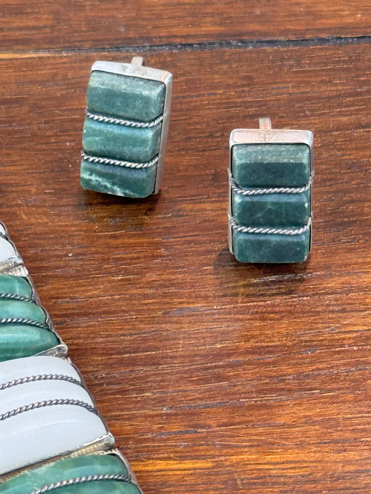 Vintage Silver Bracelet Earrings Mexico Green White Stone Articulated Set