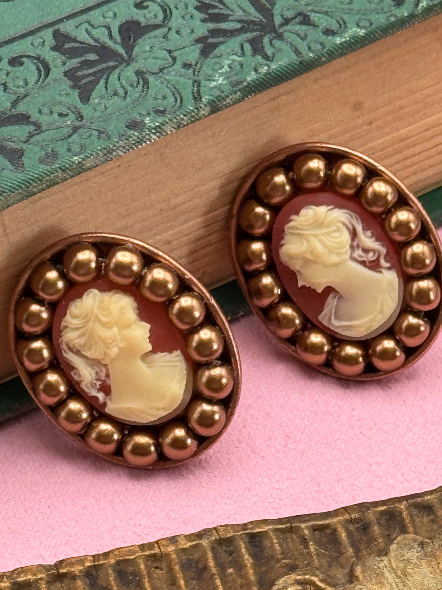 Vintage Copper Tone Faux Cameo Clip-On Earrings Estate Find