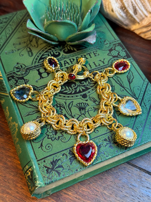 1980s Vintage Charm Bracelet Chunky Gold Tone Designer Style 6.5” with 7 Charms
