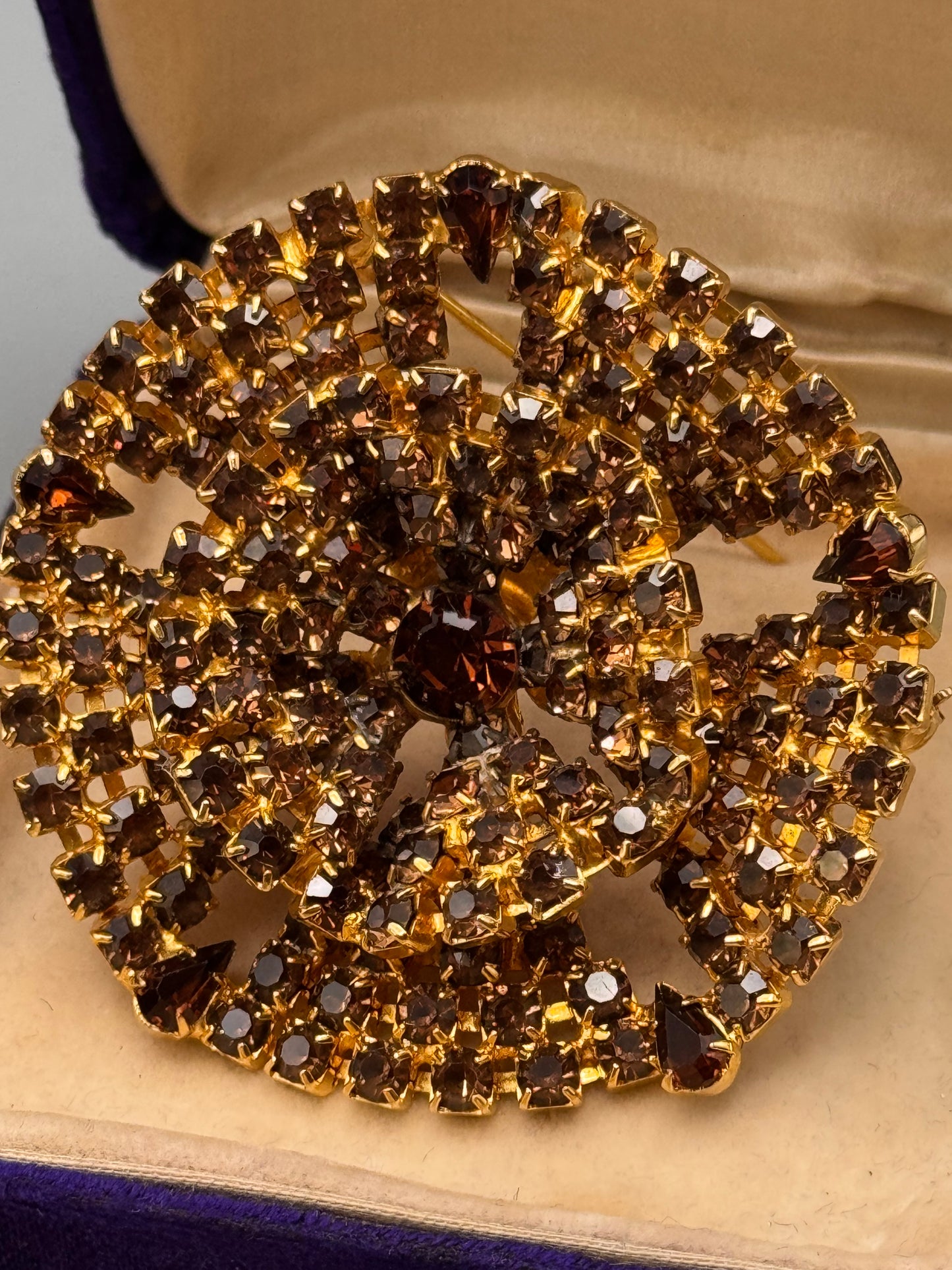 Vintage Topaz Rhinestone Brooch Goldtone Layered Statement Pin 2.5” Large