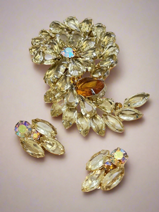 Vintage Rhinestone Brooch & Earring Set Yellow Brown AB Color