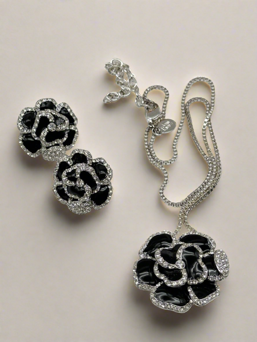 Joan Rivers Classic Collection Black Rose Earrings & Pendant Necklace 18.5”