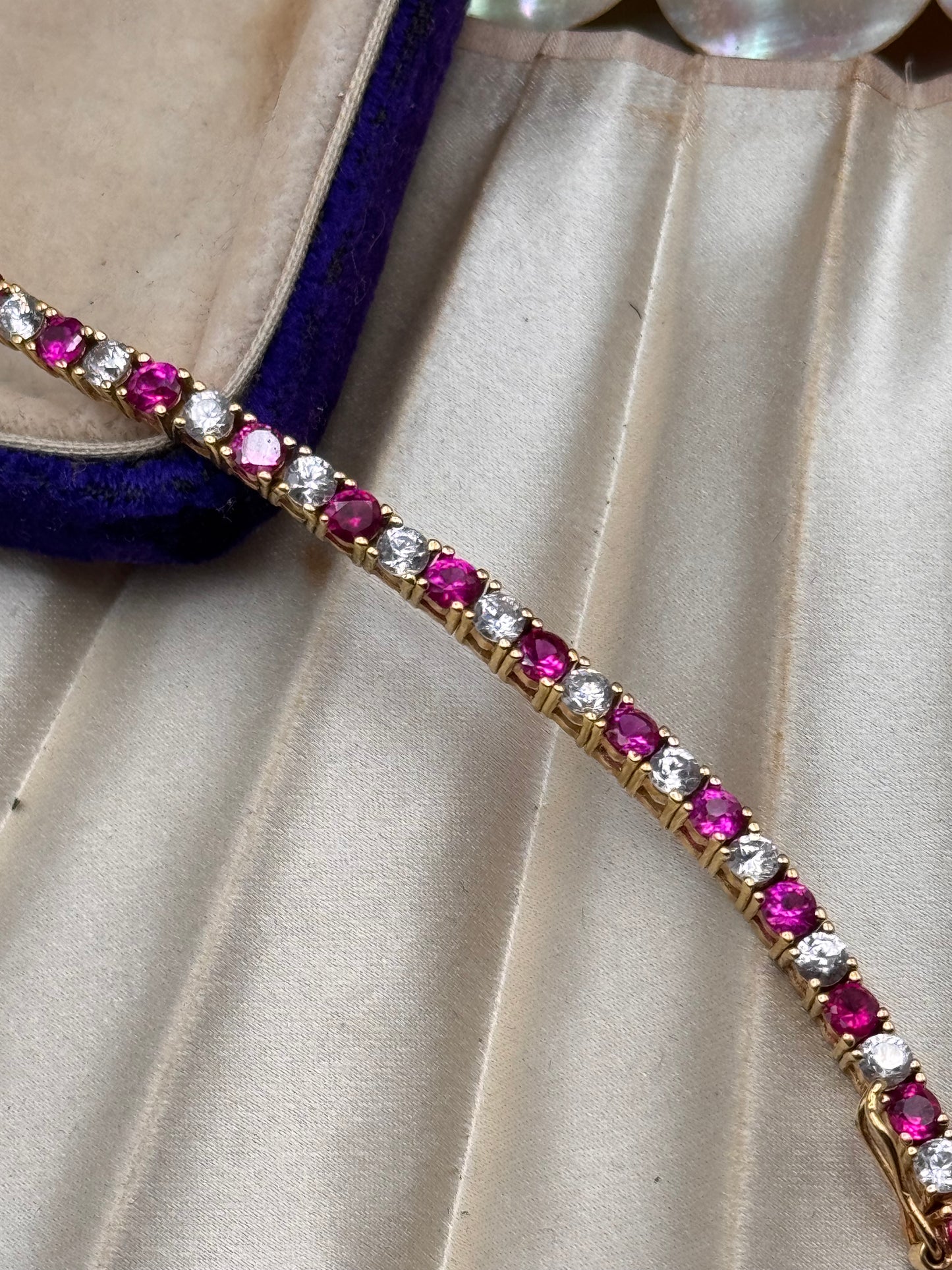 Vintage Tennis Bracelet Pink Clear Stones 925 Gold Vermeil 6.75”