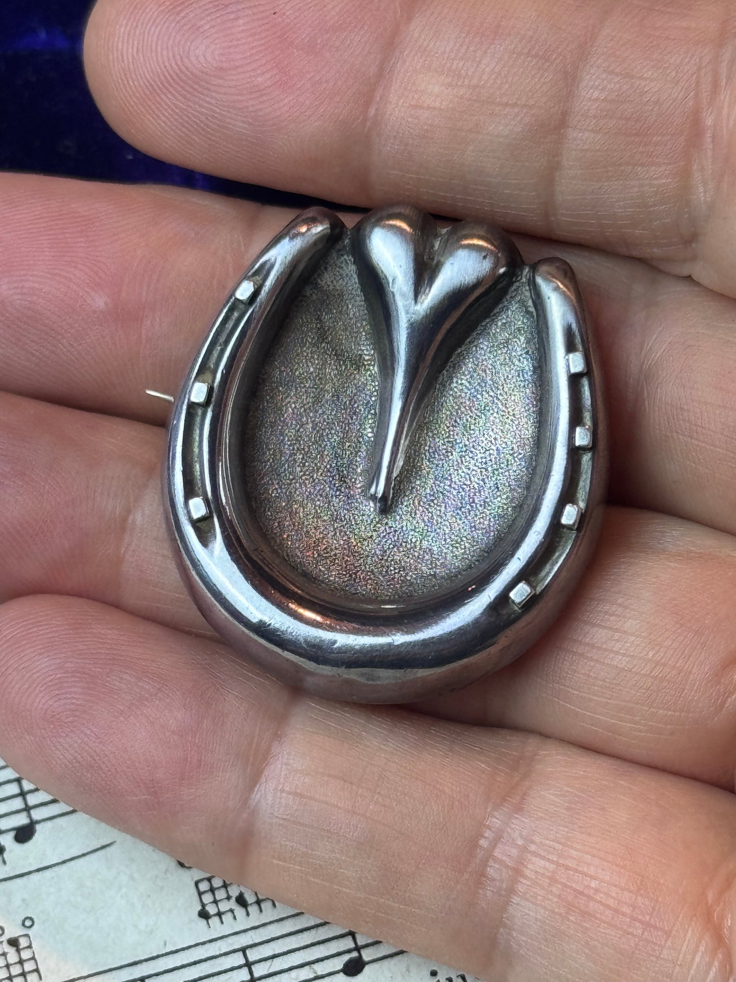 Antique Victorian Horseshoe Heart Brooch Unmarked Tested Silver 1.25” Lucky Pin