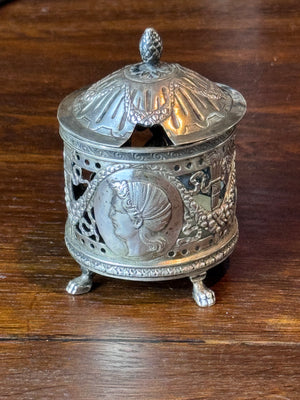 Antique Silverplate Mustard Pot Holder Case No Glass Insert Figural Footed 3”