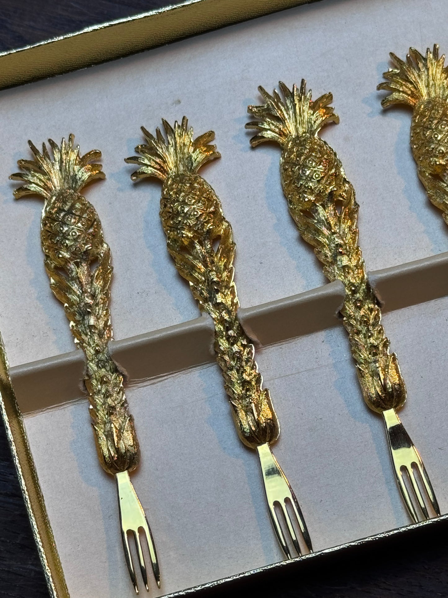Vintage Canapé Fork Set 24kt Gold Plated Janis Collection 6 Pineapple Design 4”