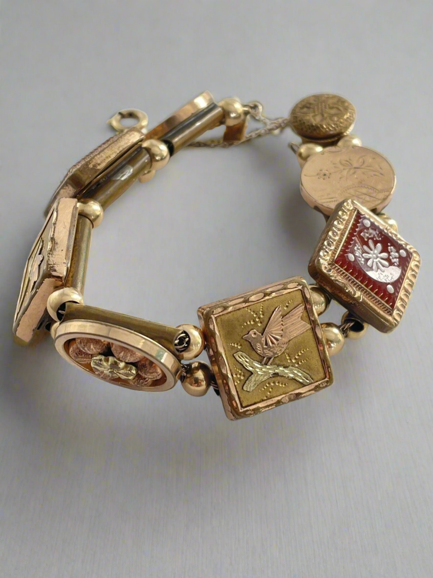 Victorian Slider Bracelet Cuff Button Gold Filled Birds Flowers 7.5” RARE