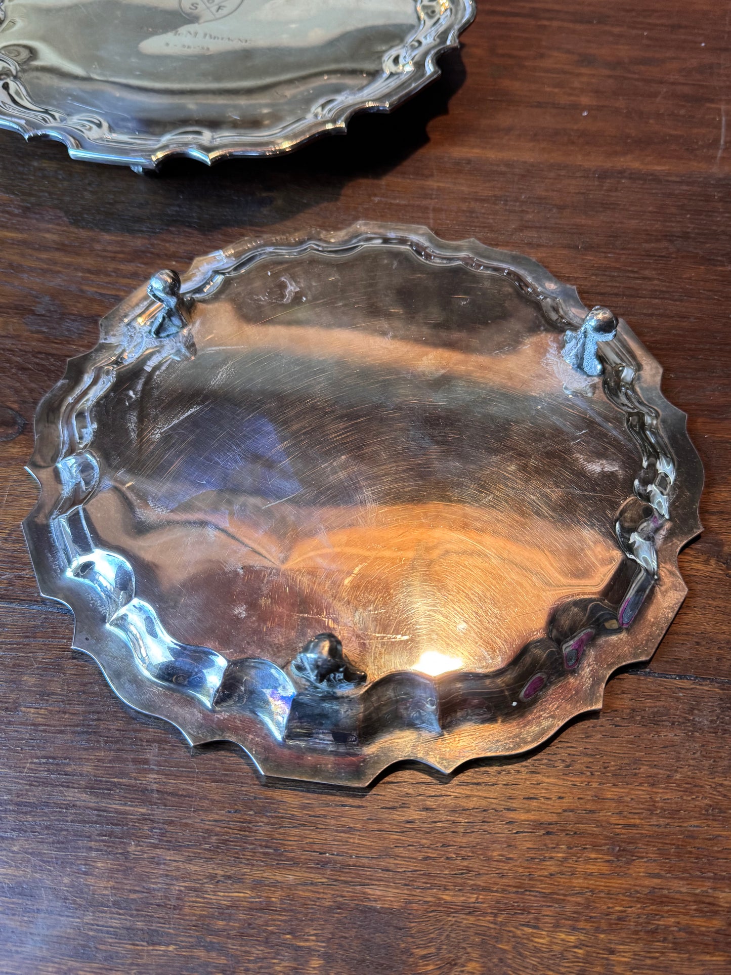 Vintage Silverplate Sport Presentation Salvers Pair 10” & 11.25” Footed 1950s