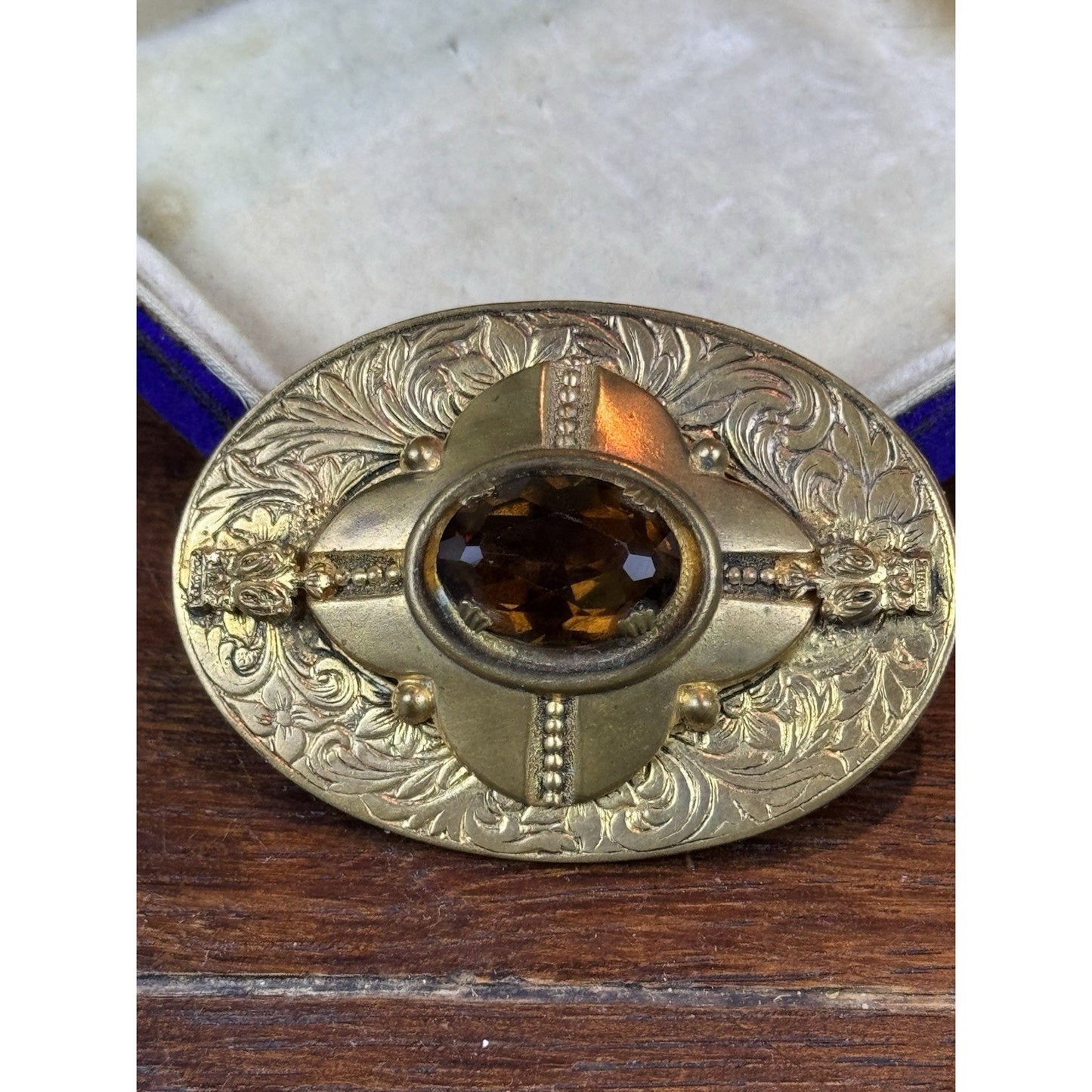 Vintage Brooch Brass Brown Glass Victorian Revival Ornate Oval 2.25”