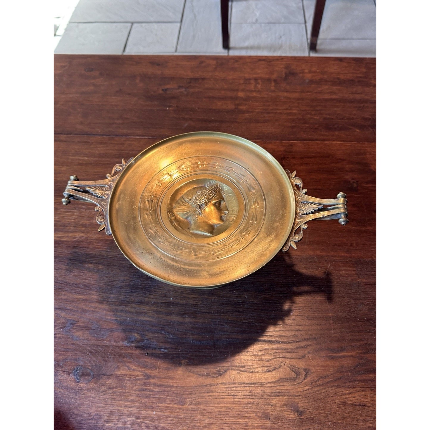 Antique Brass Tazza Compote Classical Medallion Pedestal Dish 14” Handles