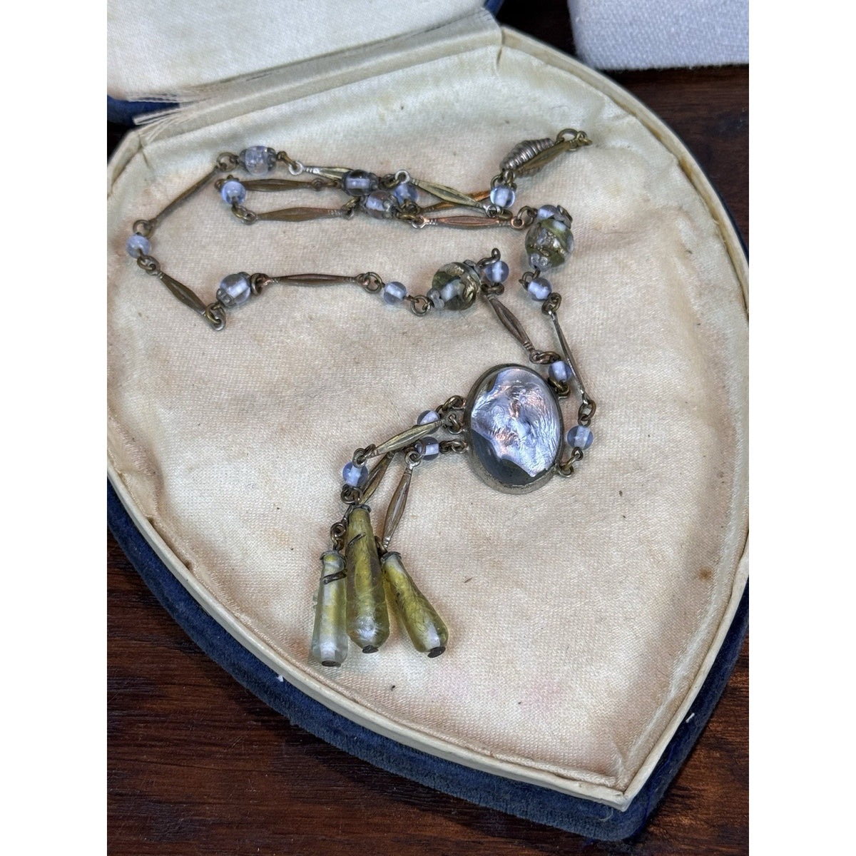 Antique Czech Style Art Glass Necklace Blue Green Glass Dangle Drop 20”