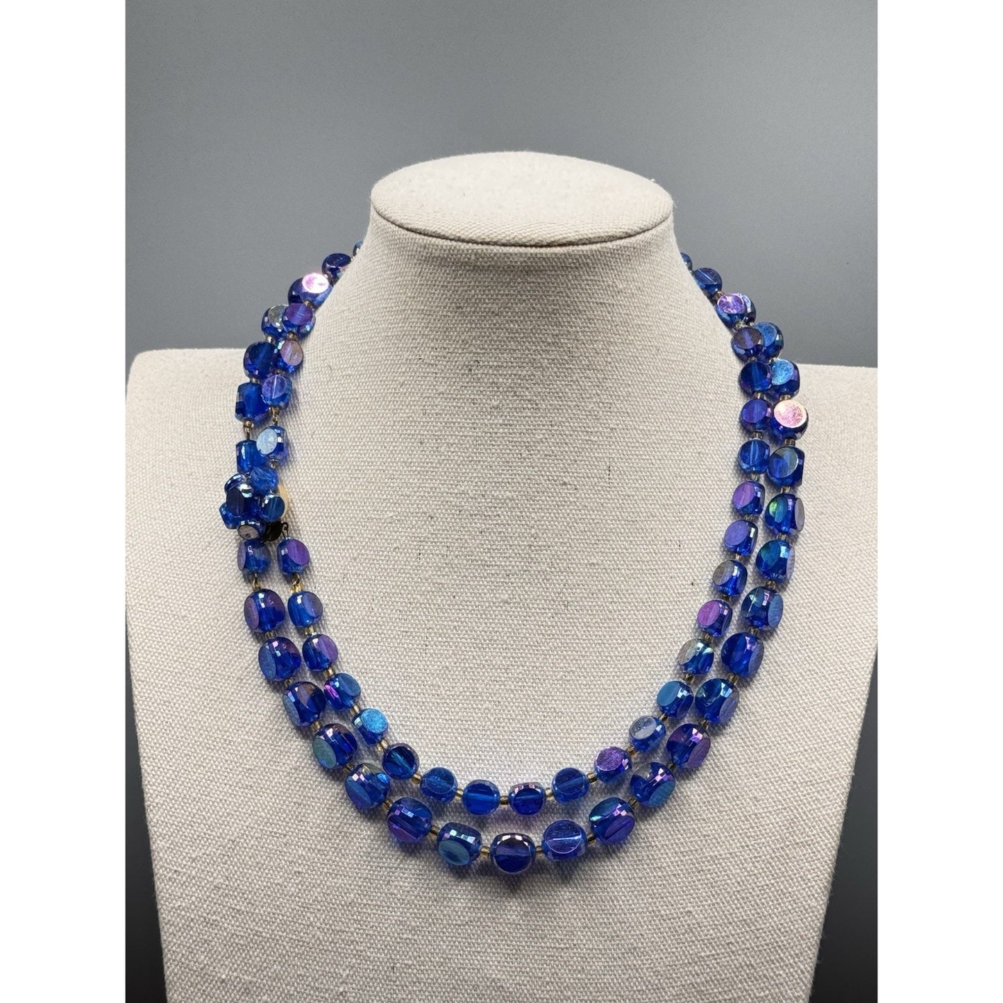 Vintage Blue Lucite AB Bead Necklace Double Strand Faceted Beads 19.5”