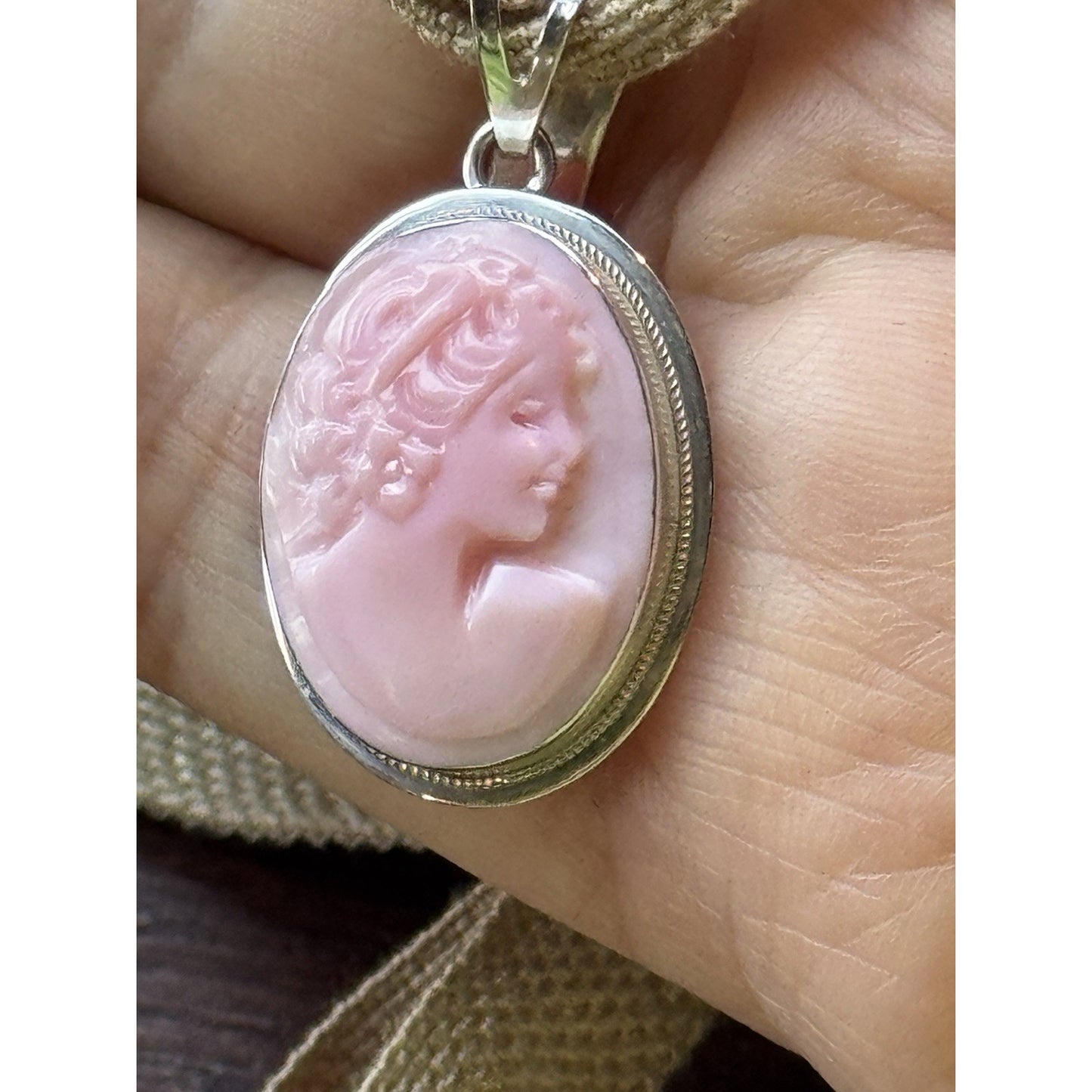 Sterling Silver Pink Cameo Pendant 1” Hand Carved Italy Artist Signed 925