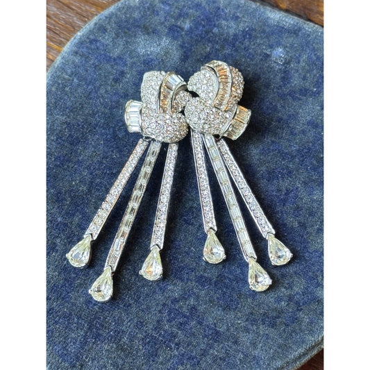 Vintage Ciner Rhinestone Dangle Clip Earrings 3” Baguette Pave