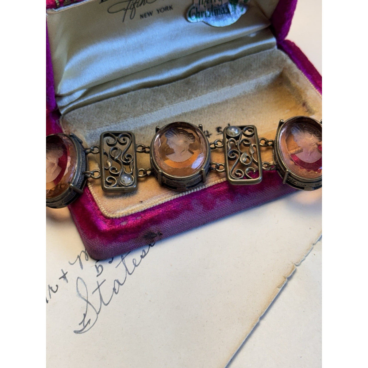 Pre-Owned Extasia Bracelet Pink Glass Intaglio Cameo Victorian Revival Filigree