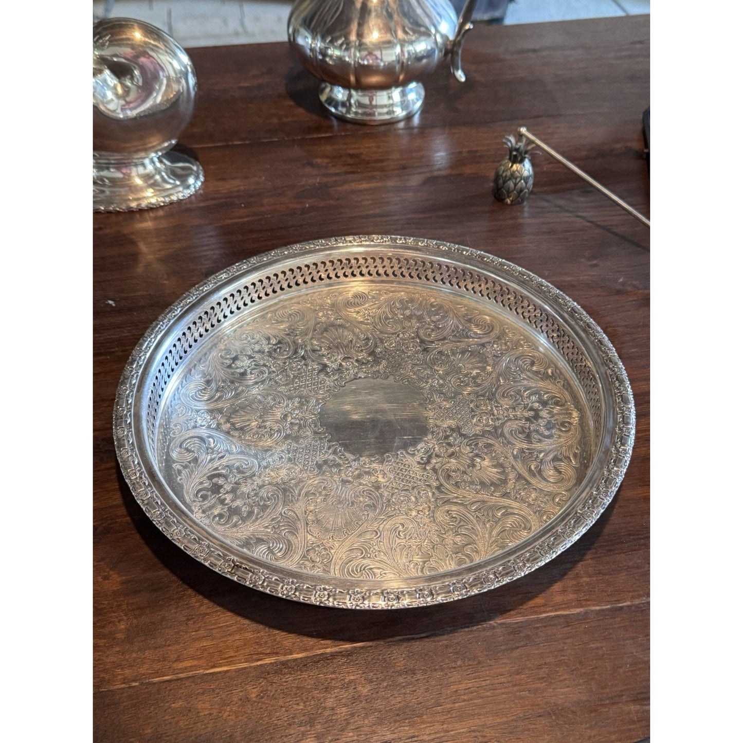 Silverplate Gallery Tray 12” Round Camelot Pattern IS Silver Ornate Serving Tray