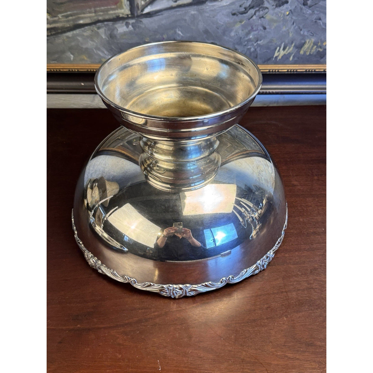 Silverplate Punch Bowl Footed Rose Edge Floral Design Elegant CENTERPIECE 12”