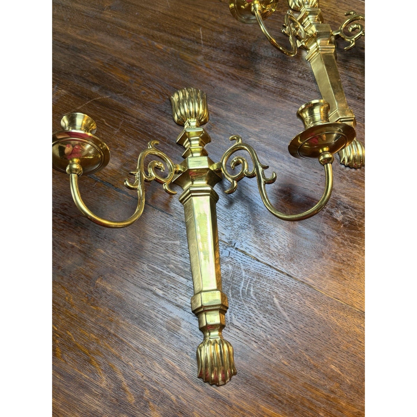 Pair Vintage Brass Wall Candle Sconces India Lacquered 2 Arm 15”