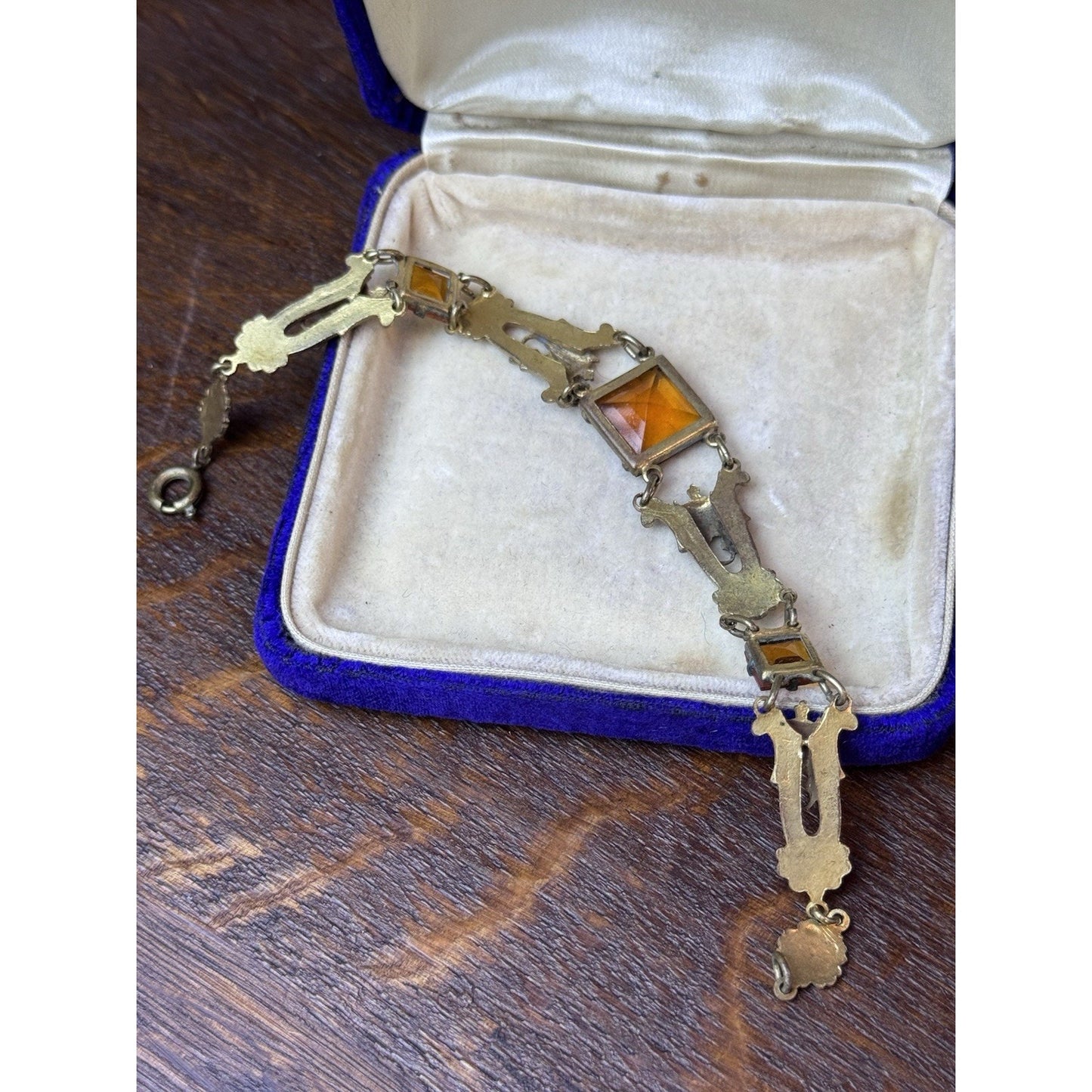 Antique Czech Bracelet Ambertone Paste Art Nouveau Goldtone Floral Links 7.25”