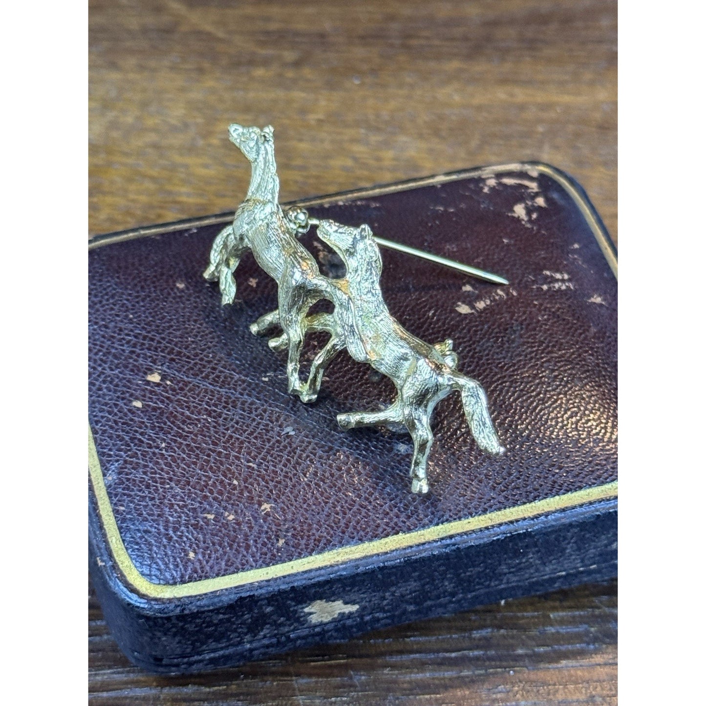 Vintage Horse Brooch Goldtone Two Running Horses Equestrian Pin 2.25” x 1”