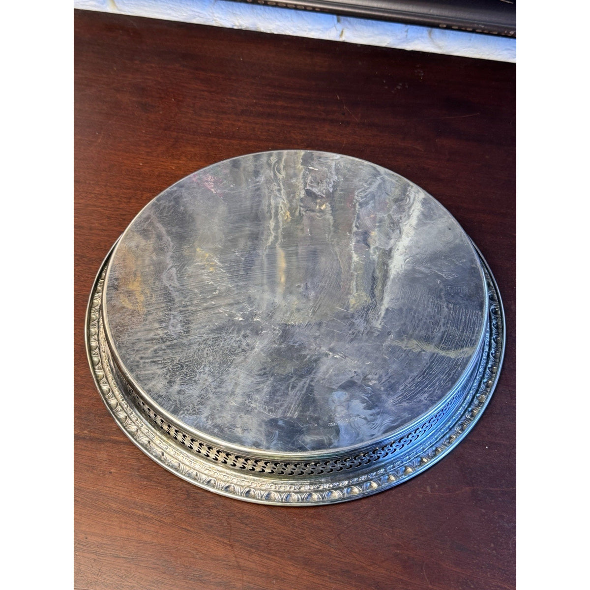 Silverplate Gallery Tray Chased Floral Shell Reticulated Edge Serving 12.5”