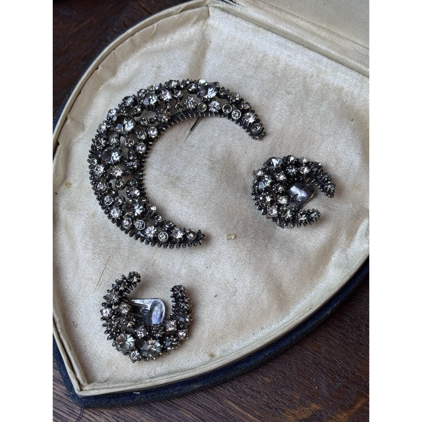 Vintage Rhinestone Crescent Moon Brooch Earrings Set Gray Clear Clip-On 3 Pc