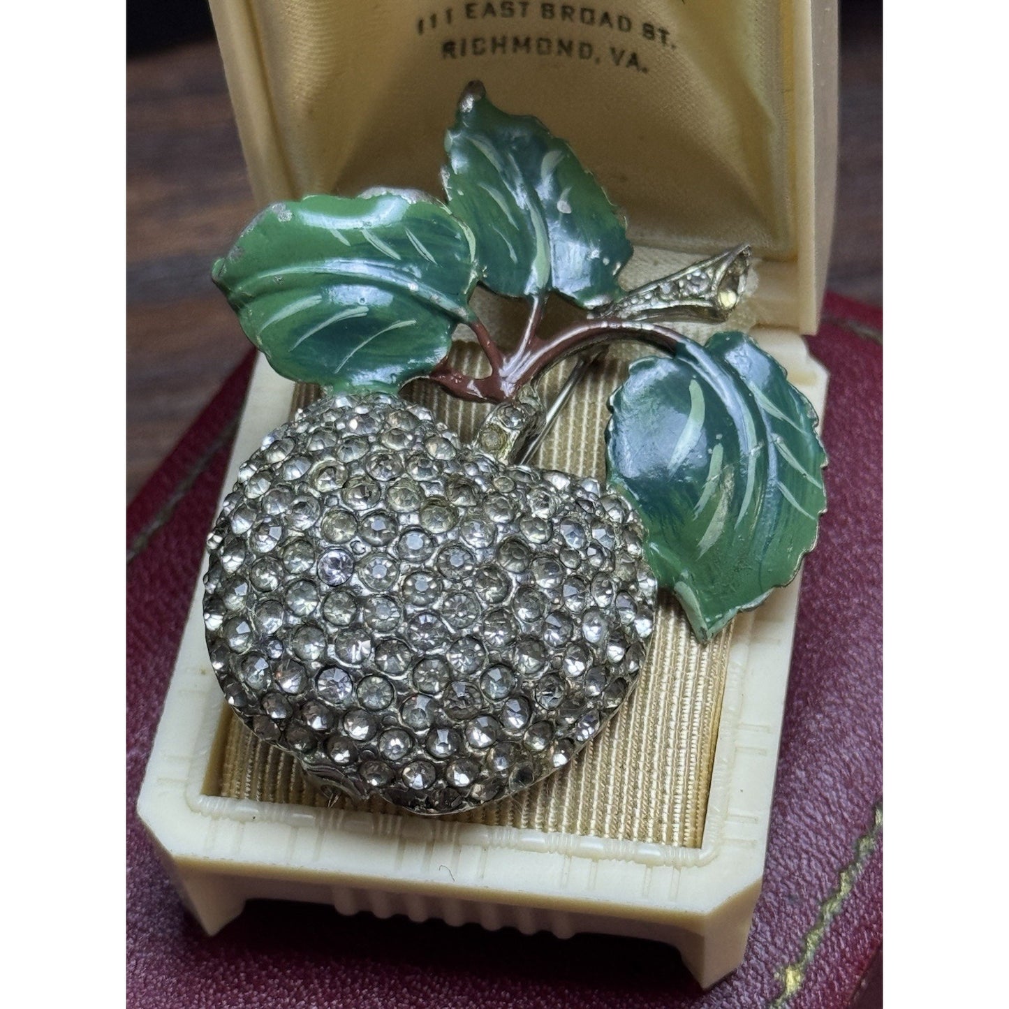 Vintage Rhinestone Apple Brooch Green Enamel Leaves Figural Fruit Pin