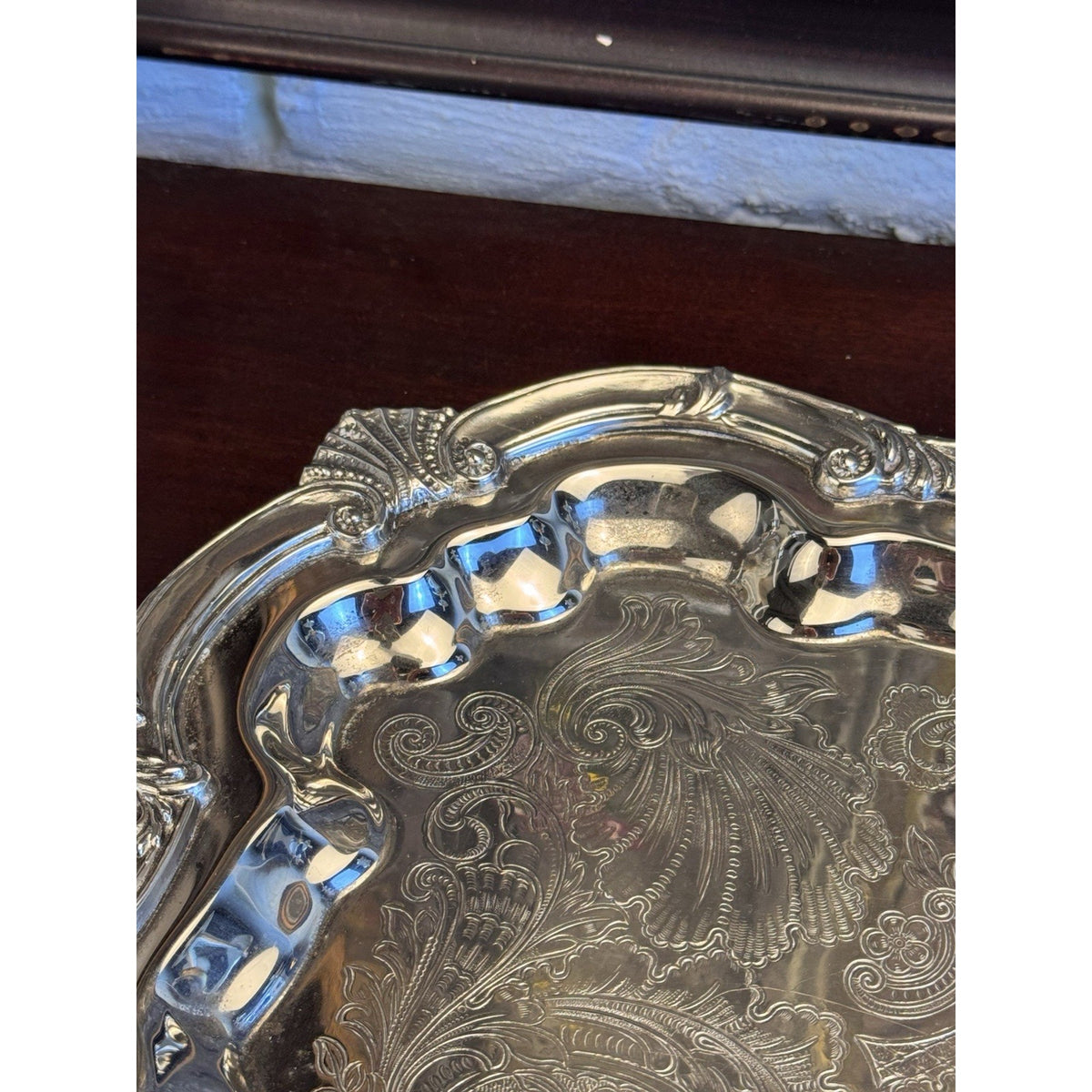 Silverplate Serving Tray Large Footed Serpentine Handled Shell Chased VINTAGE