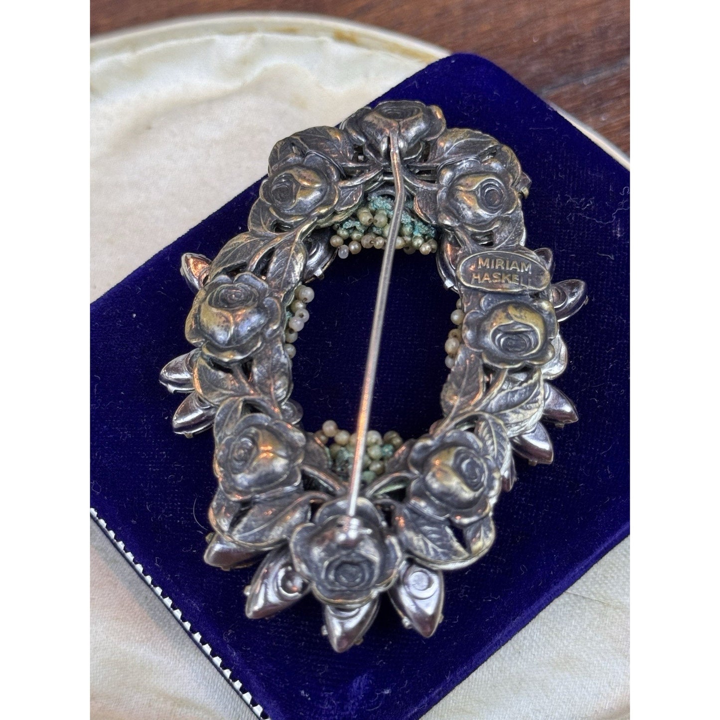 VTG Miriam Haskell Brooch Rhinestone Seed Pearl Floral Wreath Signed 3” READ‼️