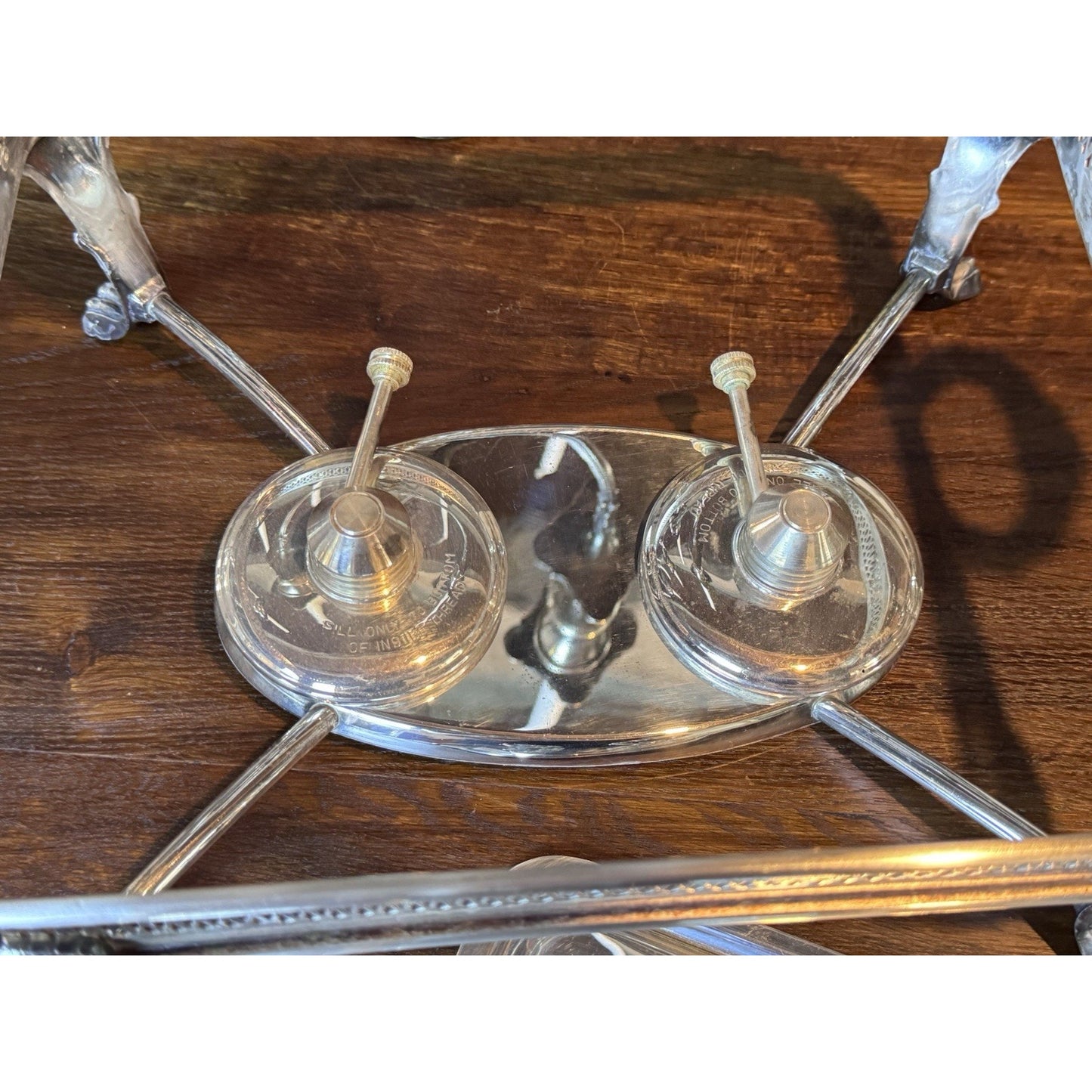 Silverplate Double Chafing Dish Warmer with Two Fire-King 1 Qt Covered Dishes