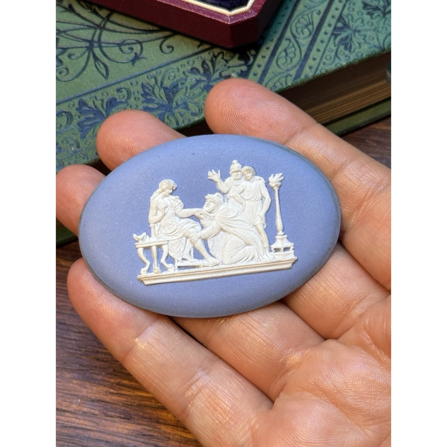 Wedgwood Jasperware Plaque Brooch Blue White Classical Scene 2” 1951
