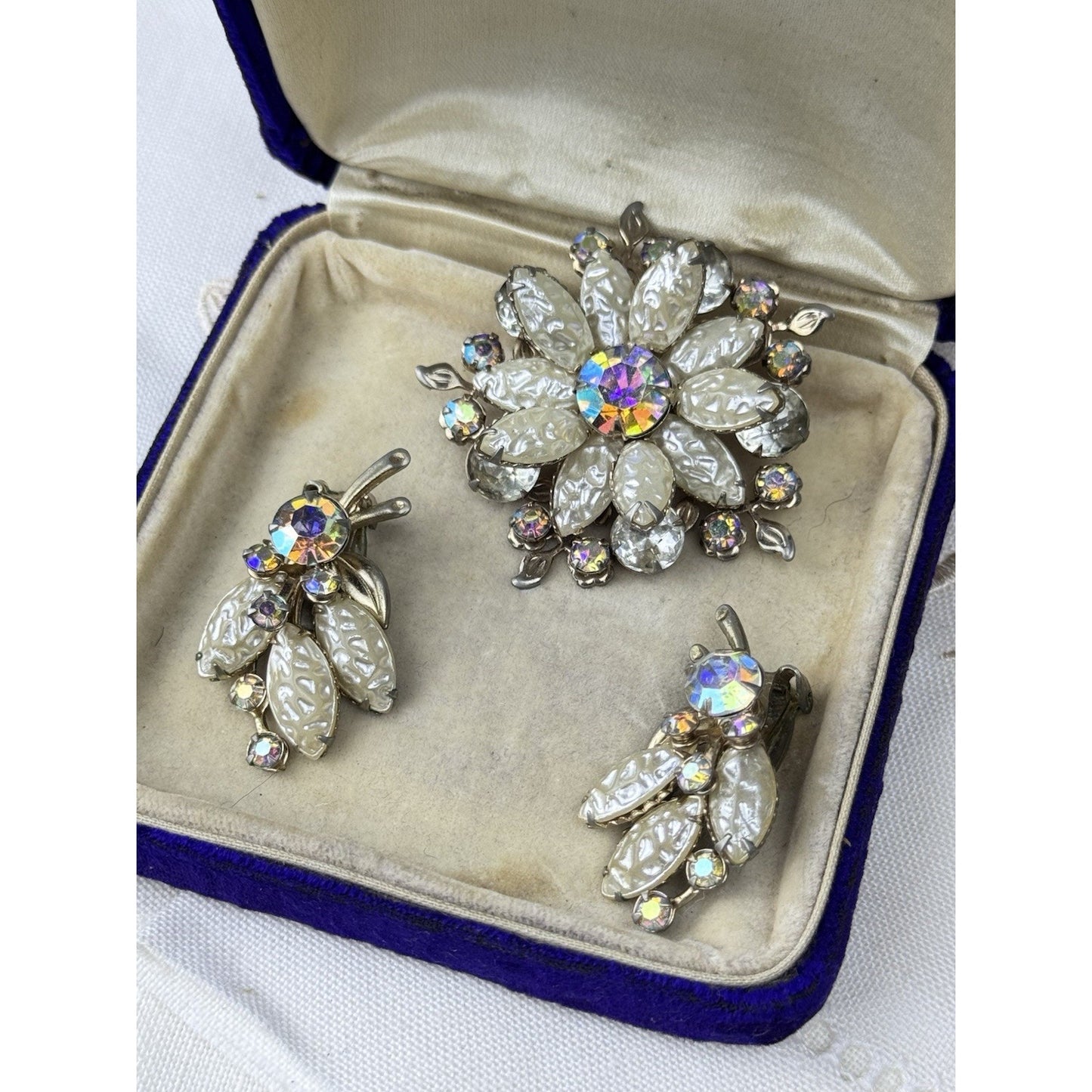 Brooch Clip Earrings Demi Parure Set Vintage Faux Pearl AB Rhinestone Floral