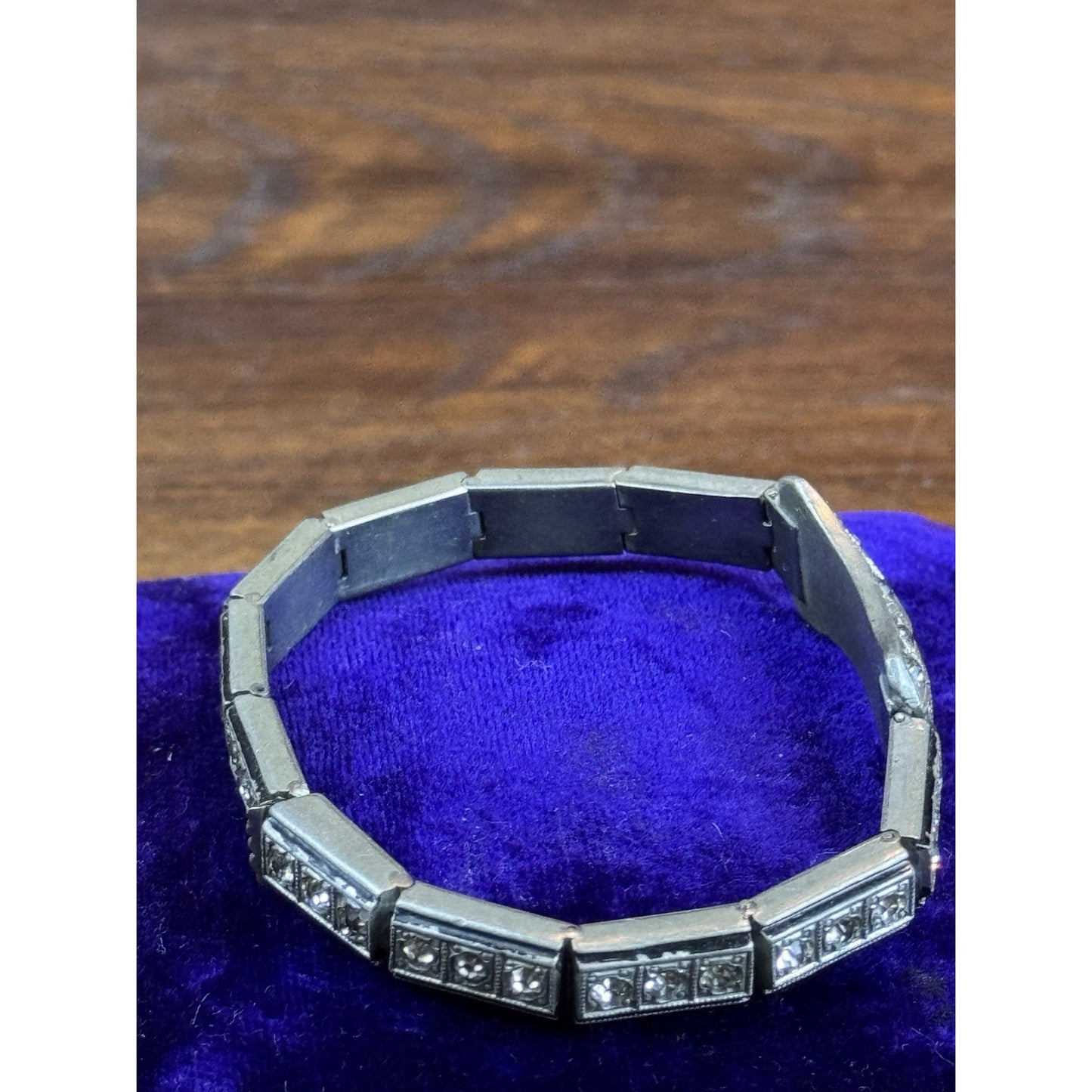 NOV-E-Line Bracelet 6” 1920s Art Deco Silvertone Rhinestone Blue Glass