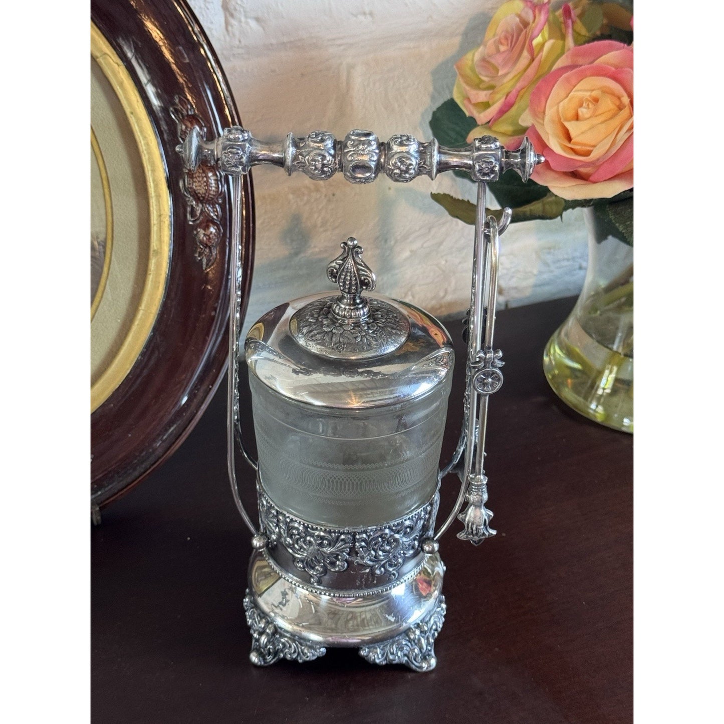 Antique Pickle Castor Forbes Silver Co Quadruple Plate Glass Jar & Tongs