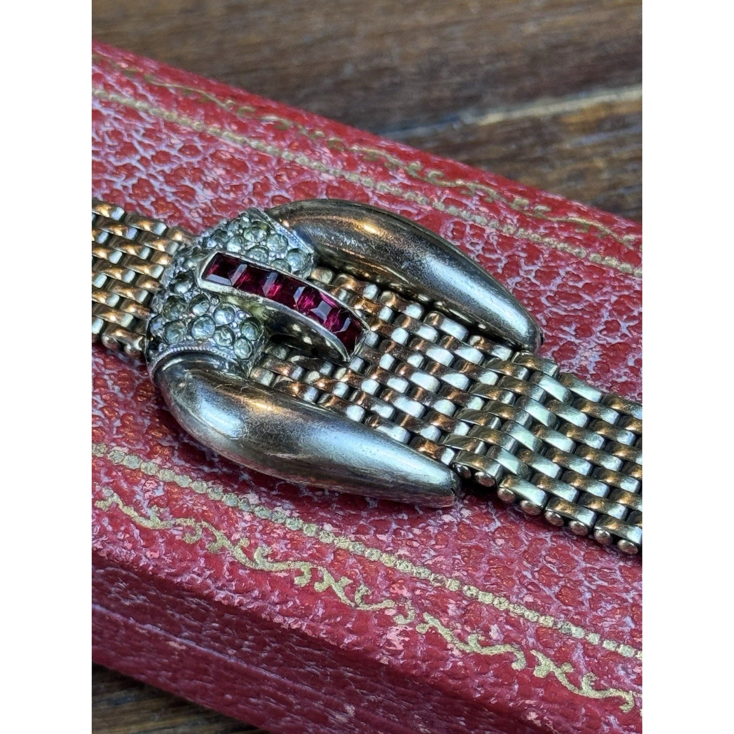 Vintage 1940s Kreisler Mesh Buckle Bracelet Red Glass Rhinestones Goldtone 7”