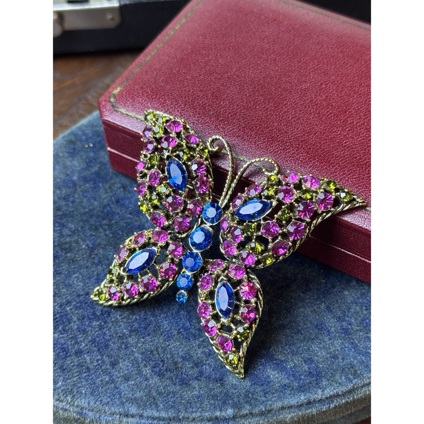 Vintage Butterfly Brooch Pink Blue Green Rhinestones Openwork Goldtone Large