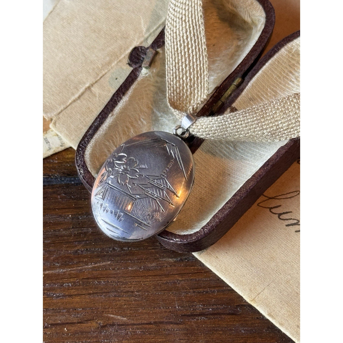 Vintage Silver Locket Pendant Engraved Japanese Pagoda Mountain Scene 1” x .75”
