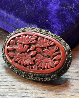Vintage Cinnabar Brooch 2.25” Chinese EXPORT Carved Birds Flowers Silvertone