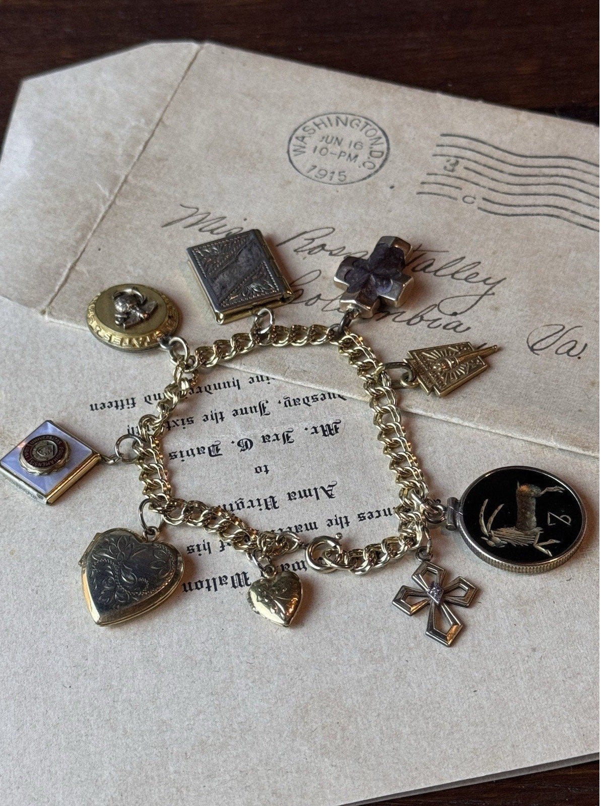 Gold-Filled Charm Bracelet 9 Charms Lockets Cross Marine Fordham 6.5”